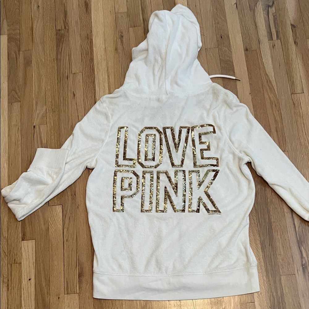 PINK Victoria's Secret White Hoodie with Gold Lettering